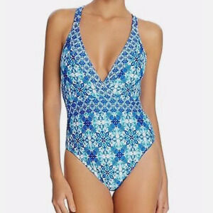 La Blanca Crystal Blue Printed Strappy One Piece‎ Swimsuit. Size 8. NWT.